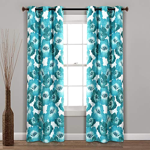 Lush Decor Julie Floral Insulated Grommet 100% Blackout Window Curtain Panels, Pair, 38" W x 95" L, Blue & Teal - Spring Floral Curtains - Blackout Curtains For Living Room, Bedroom, & Dining Room