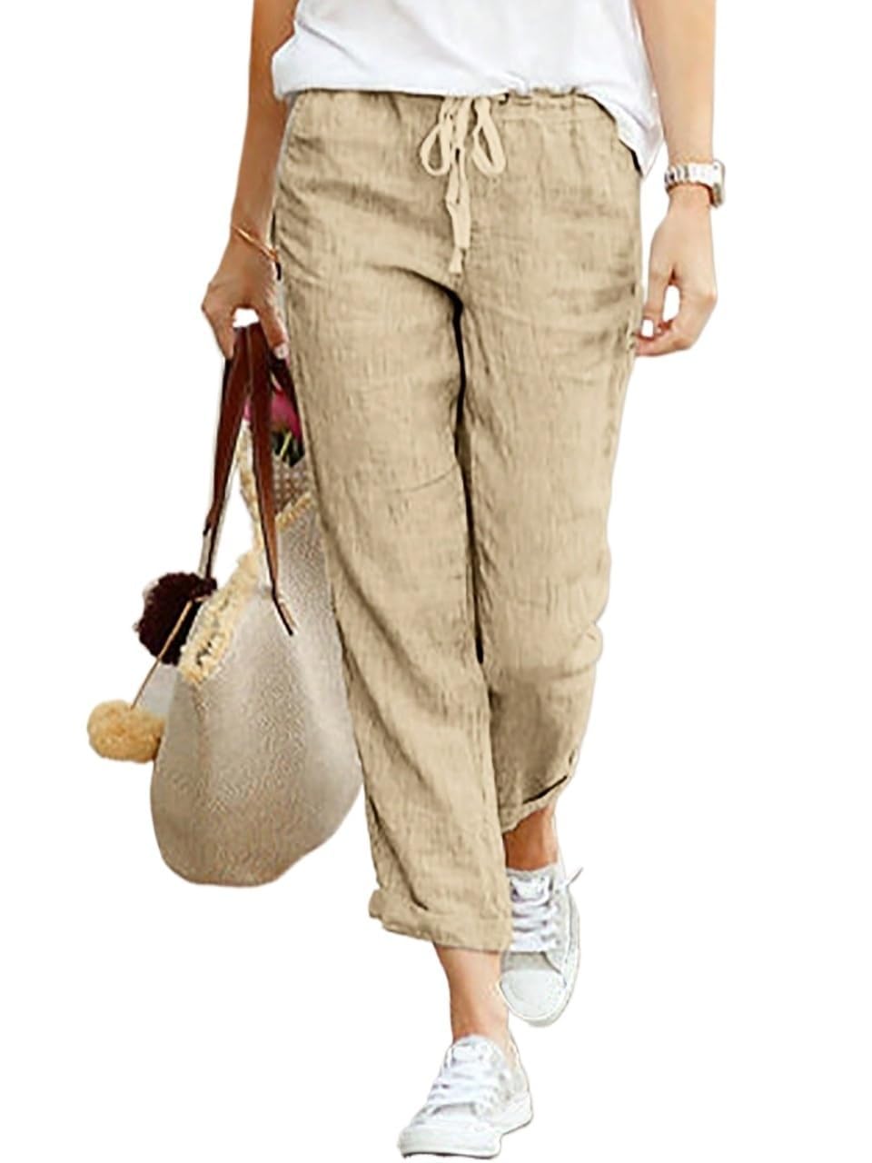 Cegerne Pantaloni in Lino Donna 7/8 Estivi Leggeri e Traspiranti Vita Elastico con Tasche Casual per Spiaggia Vacanze e Tempo Libero