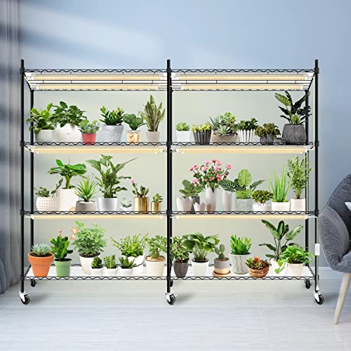 Bstrip Plant Shelf With Grow Light, 4-Tier Large Grow Light Shelf With Adjustable Rack And Wheels, Stainless Steel, 12-Pack 288W T8 Full Spectrum Grow Lights For Seed Starting, Growing, Flowering #TOP7
