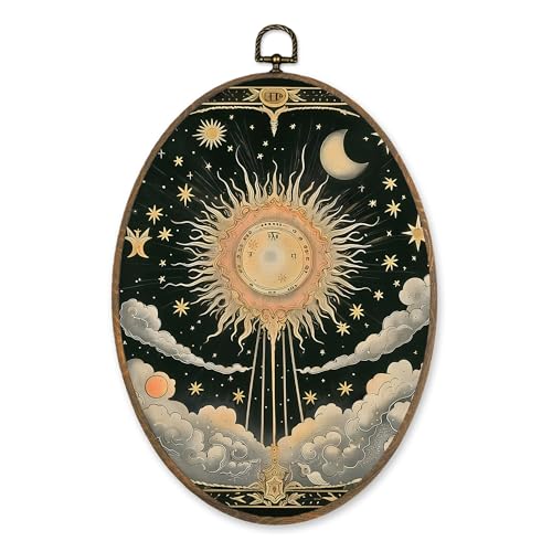 LKETW Boho Celestial Sun Moon Oval Wall Art Decor, Whimsical Witchy Astronomy Tarot Oval Canvas Hanging Decor, Vintage Boho Astrology Wall Decorations for Home Bedroom Living Room, 8.6x11.4 Inch