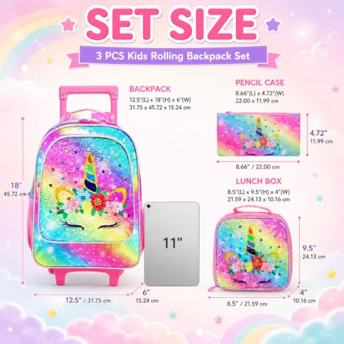 Image of CCJPX 3PCS Kids Rolling Backpack for Girls, Unicorn Sequin Roller Wheeled Bookbag Toddler Elementary School Bag with Wheels