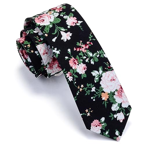Image of GUSLESON Fashion 2.4 inch(6cm) Floral Skinny Tie for Men Slim Flower Print Cotton Necktie for Wedding Party