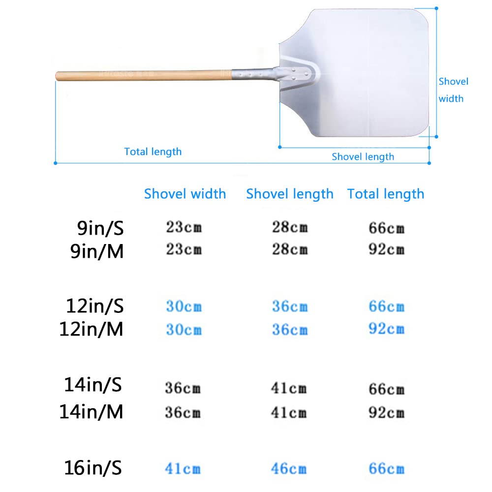 Pizzaschaufel, Langer Holzgriff 9 "/12"/14 "/16" Pizza -Schaufel, Aluminiumpizza -Paddel, für die hausgemachte Pizza backen,16in/S