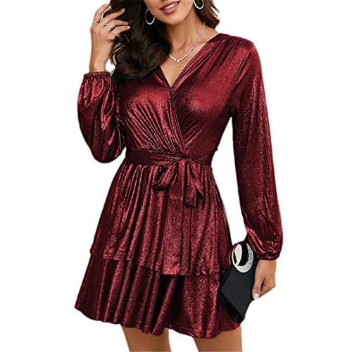 Robe mini à paillettes décontractée col V manches longues unie rouge S