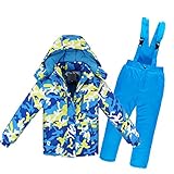 MAOTN Schneefester skijackenanzug Kinder,schneeabnehmbarer ski Outfit Mantel mit Kapuze+ski lätzchen Hose,wasserdichte verdickte Snowboard ski-bekleidungsset Jungen/mädchen,Blue,140cm