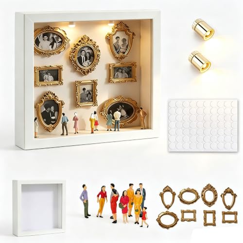 Mini Museum Silhouette Shadow Box Frame DIY Memory Display Photo Craft Kit with LED String Lights Mini Gold Frames & Figurines Keepsake Box for Wedding Anniversary Family Milestone Gift