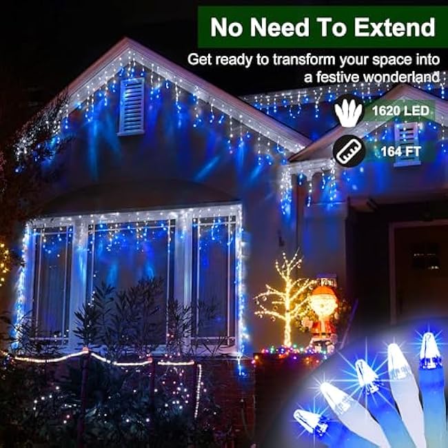 1620 LED Christmas Lights with 360 Drops,164ft 8 Modes Fairy Hanging String Lights with Time Waterproof, Plug-in Hanging String Lights for Holiday Wedding Party Christmas Decor Blue & CoolWhite