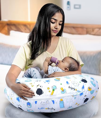 Image of Baby Feeding Pillow Cotton|Maternity Feeding Pillow Portable & Adjustable|Nursing Pillow for Mother and New Born Baby (Panda Blue)
