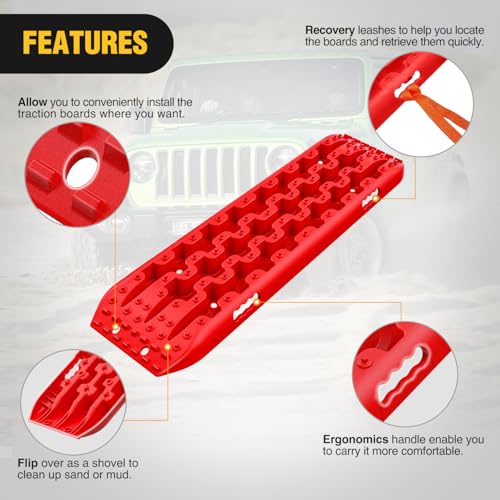 Image of Nilight Recovery Off-road Traction Boards Emergency Tire Mats For 4WD 4X4 Mud Sand Snow with 2PCS Mounting kit Zipper Bag 2 leashes (Red)