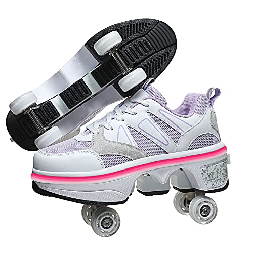 Image of 2-in-1 Roller Skates & Sneakers Unisex Retractable Inline Skate Wheel Outdoor Fun & Fitness Kick Roller Shoes Purple