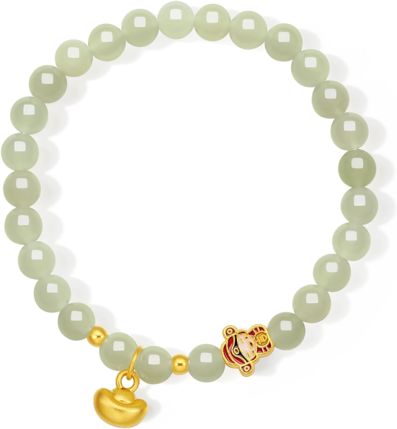 24K Real Gold Stretch Bracelet Ingot Charm Bracelets Pure Gold Green Jade Heitian Beaded Bracelets Anniversary Birthday Healing Jewelry for Women Wife Mom 17cm Y1913661