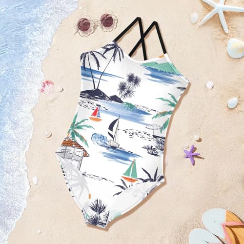 Girls One Piece Swimsuits Summer Island Pattern with Palm Trees Sport Halter Swimwear Beach Bathing Suit, 3T4