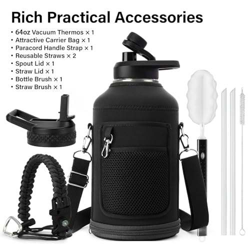 Insulated Water Bottle | Thickened Stainless Steel Vacuum Metal | Portable Sports Half Gallon Large Water Jug for Gym and Hiking with Straw, Carrier Bag, Handle Strap | BPA-Free 64 oz