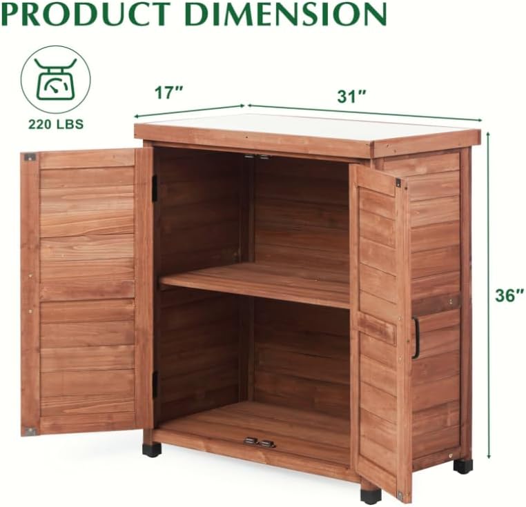 Potting Bench with Storage Cabinet and Metal Table Top for Outdoor Patio, Garden Furniture Wood Workstation Coffee 31x17x36 Inches