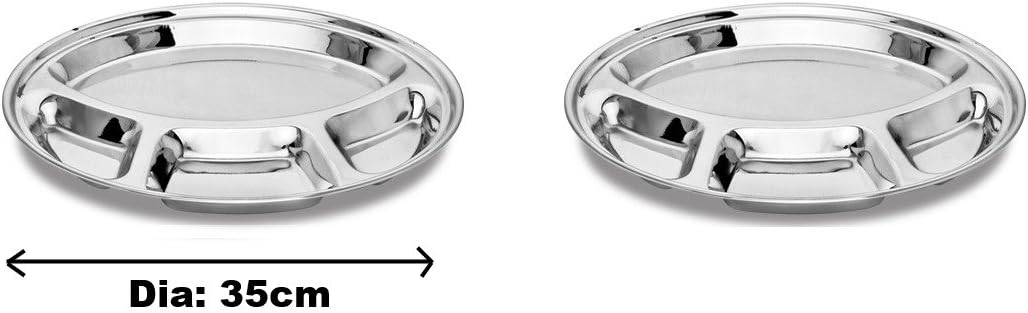 Stainless Steel Round 4 Compartment Dish 35cm Indian Thali Plate Dish Camping (2pc)