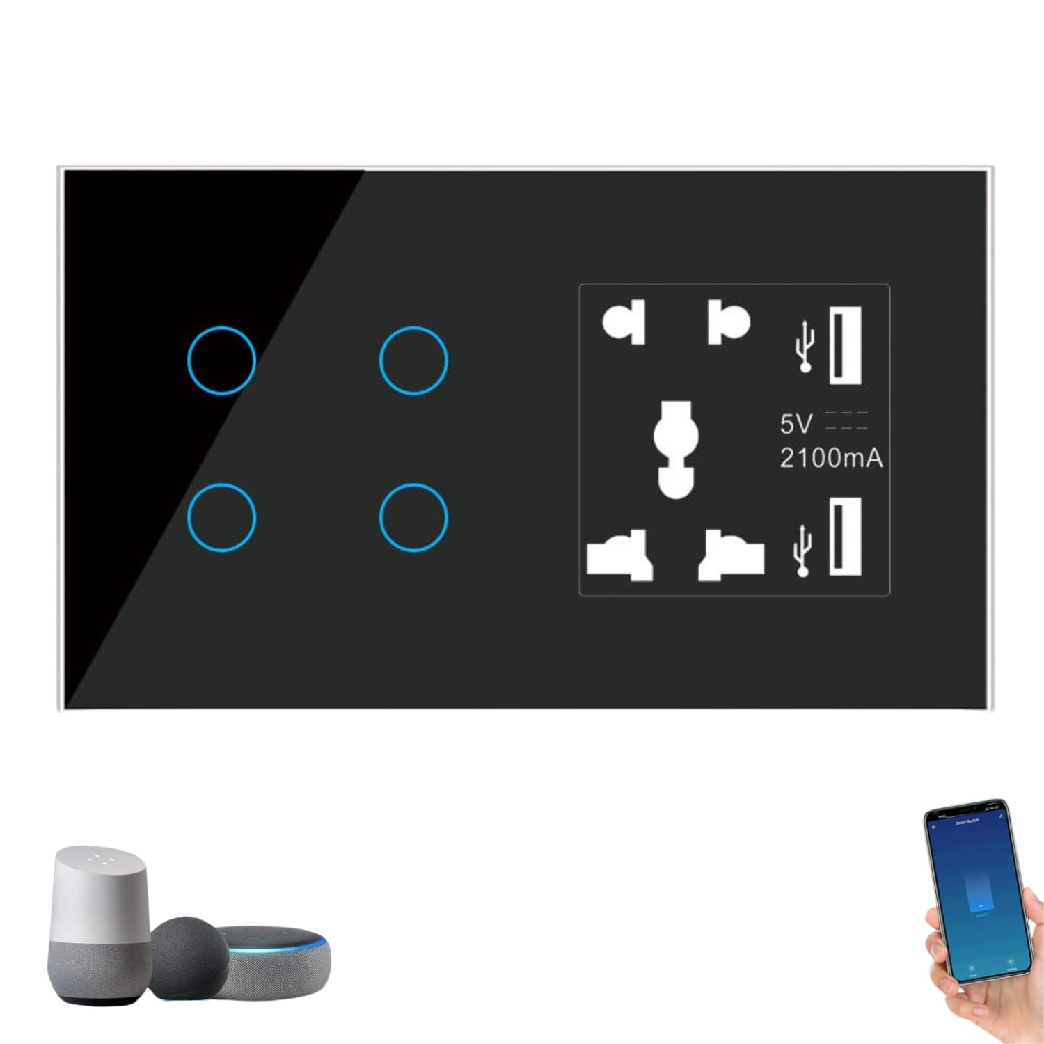 Golens Modern WiFi Smart Touch Switch Wifi Socket USB Charger Black Glass Finish | Mobile App Control | No Hub Required | Compatible with Alexa and Google Home (B0D11ZSYGM) Amazon Price History, Amazon Price Tracker