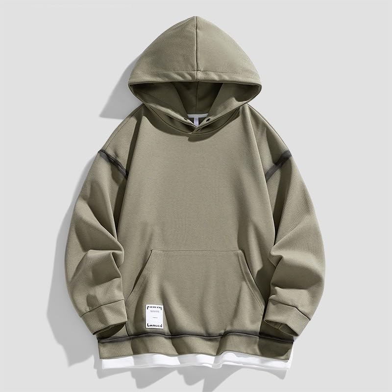 Men's American Style Fake Two-Piece Hoodie Loose Fit Long Sleeve4