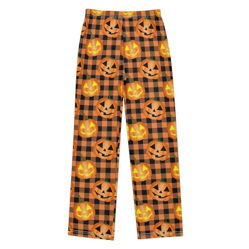 Halloween Pumpkin Plaid Print Boys Long Pants Soft Trousers Elastic Waist Kids Lounge Bottoms with Pockets S-XL