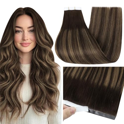Image of Full Shine Tape in Weft Hair Extensions, Dark Brown Highlight Mix 20 Inch | 50g 1 Piece, Straight Genius Weft Long Tape Hair Extensions, Seamless Install Smooth Blend for Daily Full Volume Styling
