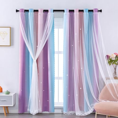 Opiniones y reviews de Cortinas con chorreras de esta semana. 46 XiDi Cortinas Opacas Azules con Red 137 cm Drop out Hollow out Star Pattern Mix Blanco Voile Transparente Cortinas de Ojales Cortas para Niños Dormitorio Pink BluePurple/132/137/2
