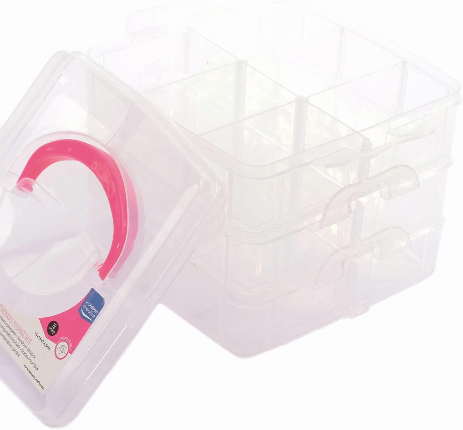 Vaessen Creative 1009-035 Stackable Storage Box 18 Compartments for Storing Small Craft Materials, Jewellery and More, Clear, One Size