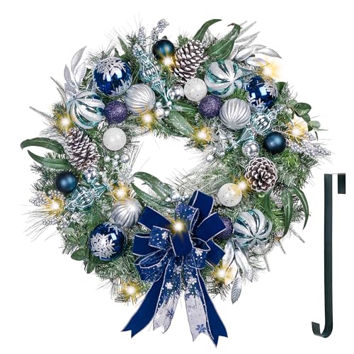 Valery Madelyn 30'' Pre-Lit Christmas Wreath for Front Door with Light, Large Lighted Outdoor Christmas Wreath with Silvery Blue Xmas Balls & Ribbon for Home Porch Fireplace Window Holiday Party Decor