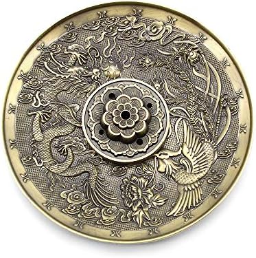 JustYit Incense Sticks Holder Ash Catchers Incense Burner Holder Lotus Incense Holder Vintage Chinese Dragon Phoenix Censer Plate Stand with Ash Catcher for Home, Office, Club, Yoga, Deco, 5 Holes