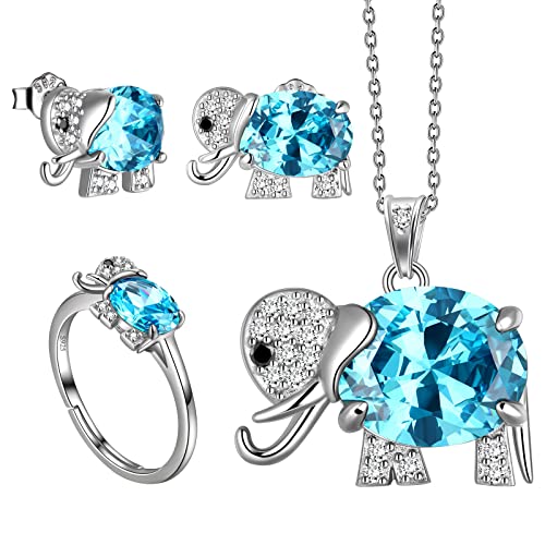 March Birthstone Crystal Aquamarine Elephant Necklace Ring Earrings Set 3pcs Set White Gold Over Sterling Silver Cute Elephant Jewelry Gift for Mom Daughter Christmas Day Birthday Gift FS0195M