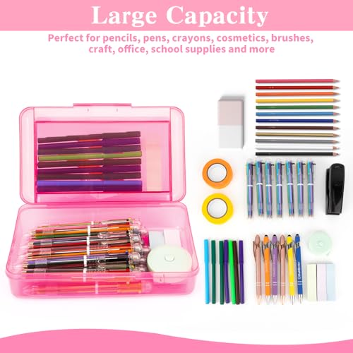 Image of Pencil Case, Double Layer Large Capacity Pink Plastic Pencil Box, Clear Crayon Box, Hard Pen Boxes with Snap-tight Lid, Storage Art Craft Box Marker Organizer for Kids Boys Offices School Supplies