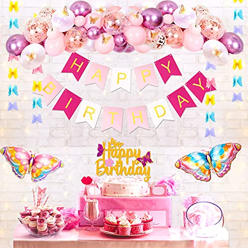KeaParty Butterfly Birthday Party Decorations, Butterfly Balloon Garland Arch Kit, Birthday Banner, Butterfly Cake Toppers, Butterfly Stickers for Butterfly Decorations, Purple Butterfly Decorations