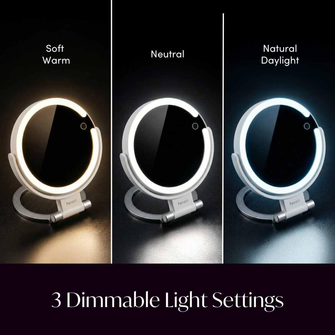 Fancii Miroir de voyage grossissant 10x/1x avec lumières, rechargeable | Miroir de maquillage extra large de 22,9 cm avec éclairage LED, miroir de courtoisie pliable, double face, 3 réglages de