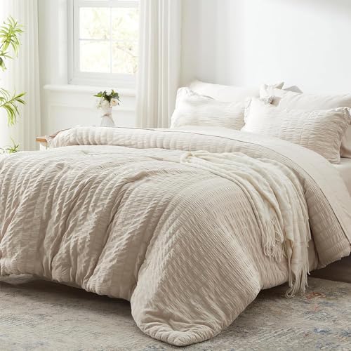 Lanqinglv Seersucker Bettwäsche 135x200 cm 2teilig Beige Wendebettwäsche Streifen Mikrofaser Bettwäsche-Sets,1 Bettbezug und 1 Kissenbezug 80x80 cm