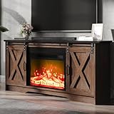 4 EVER WINNER Fireplace TV Stand with 23' Electric Fireplace, Sliding Barn Door, Farmhouse Entertainment Center with Adjustable Storage Cabinets, TV Console for Living Room, Brown & Black