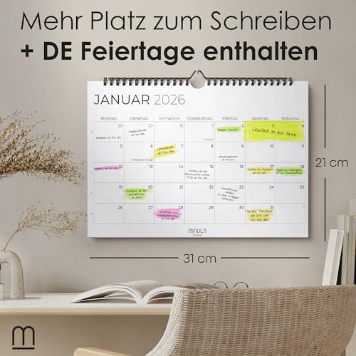 Kalender 2026 Wandkalender – Monatskalender A4 Querformat - Familienkalender von Januar bis Dezember 2026 mit übersichtlicher Jahresplanung – Jahreskalender Ideal als Familien- oder Paarkalender