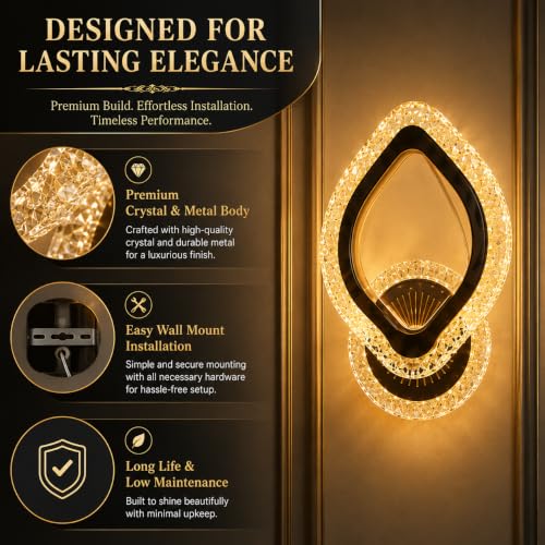 Image of Luxury Crystal LED Wall Light, 3 Colour Change LED (Warm White /Natural White /Cool White), Modern Decorative Wall Lamp with Crystal Accent for Living Room, Bedroom, Hallway & Home Decor