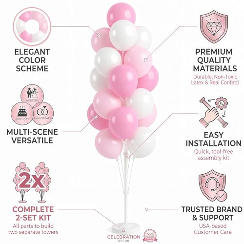 Image of Balloon Column Kit Set of 2 With Baby Pink Chrome Balloons Included - with Base,Pole,Balloon Tower Backdrop Decoration for Wedding,Baby Shower, Birthday,Princess Party, or Bachelorette