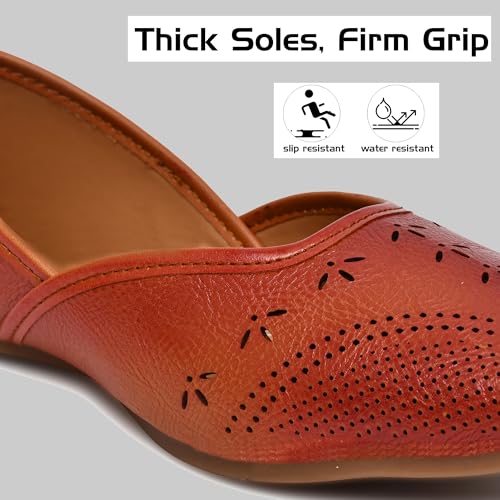 Image of Duosoft Women's Leather Ballet Flats, Black Perforated Design, Comfort Cushioned Insole, Slip-On Style Bellies Dw-201-Tan