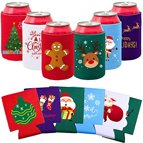 Aneco 12 Pack Christmas Can Sleeves Christmas Can Coolers Sleeves Holiday Theme Drink Holders 12 Festive Winter Designs Can Sleeves for Christmas Party