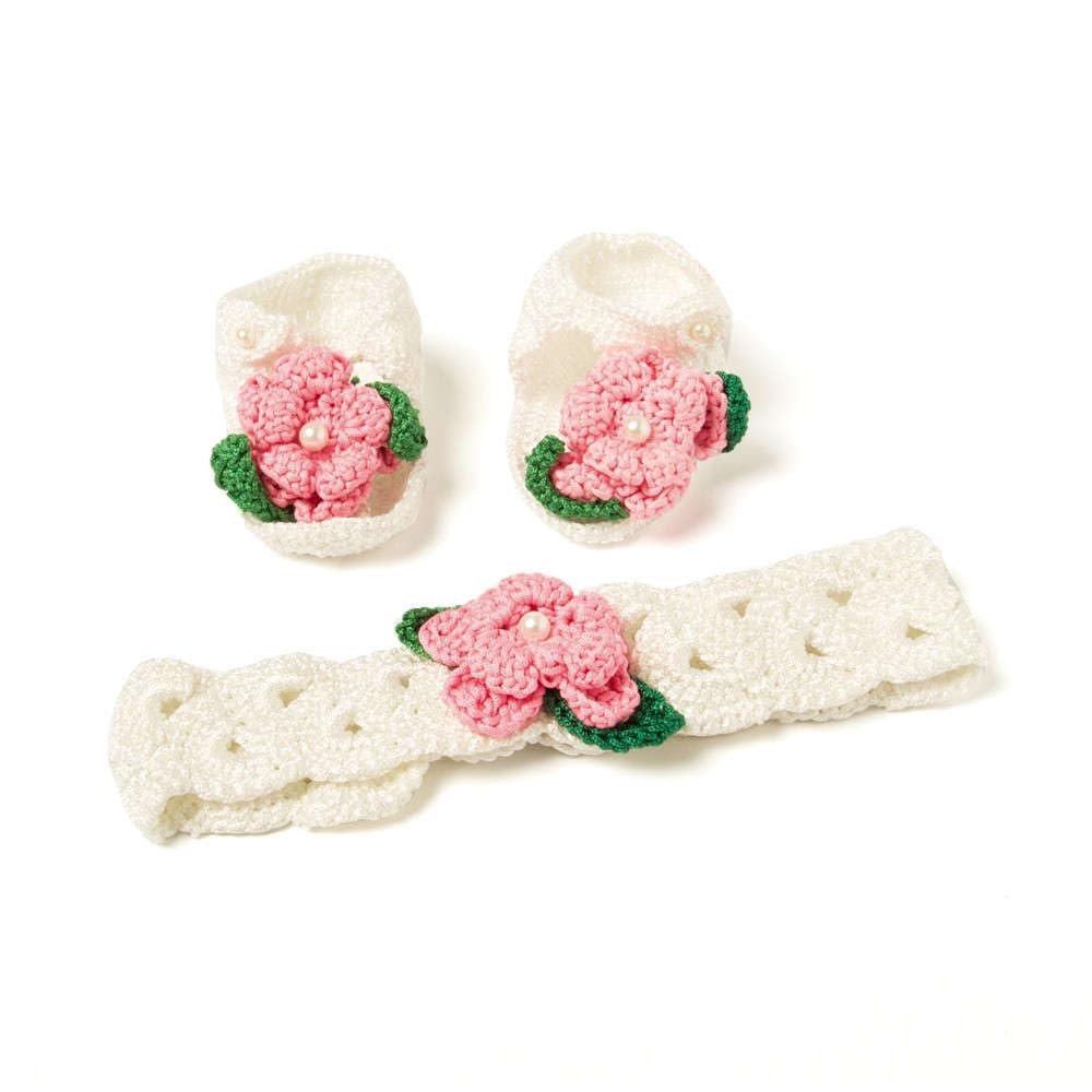 FUNKRAFTS Handmade Crochet Baby Girl Booties with Headband for 6-12 Months – Off White | Infant Booties | Infant Shoes (FUNCSH011)