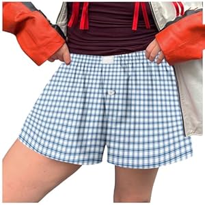 Y2K Plaid Shorts for Women Elastic Waist Cute Soft Button Pajama Bottoms Boxer Shorts Sleepwear Summer Lounge Shorts