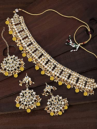 Image of Aheli Elegant Indian Faux Kundan Studded Choker Necklace with Maang Tikka Set Ethnic Wedding Wear Bharatanatyam jewellery set Gift for Women