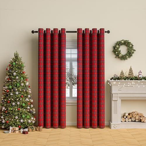 Rutiga julgardiner vardagsrum sovrum gardin borstat tyg genomföring topp en panel (B 52XL108 tum, 132 x 274 cm) färg: röd rutig