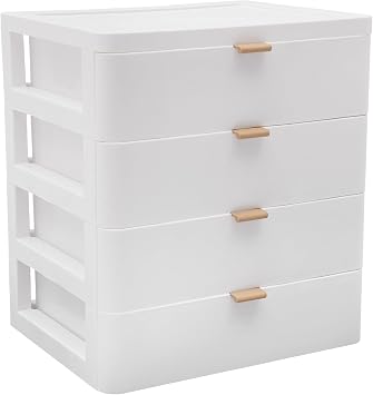 WooDerson Desktop Storage Box, 4 Drawers Stackable Desktop Storage Drawers Plastic Unit White Makeup Modern Drawer Organiser, PP Desk Organizer with Drawer for Home Office Dresser Dorm Supplies