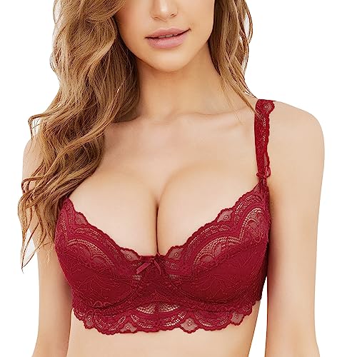 Women's Lace Balconette Bra Underwire Non-Padded Soft Cup Comfort Everyday Bras(Red,40D) #TOP1