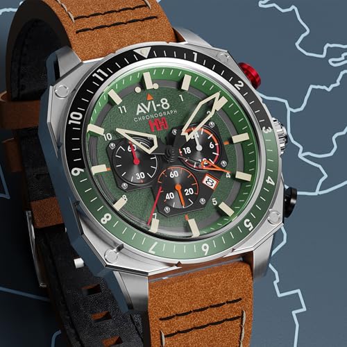Image of AVI-8 Men's 43mm Hawker Hunter Atlas Dual Time Chronograph Watch with Leather Strap AV-4100