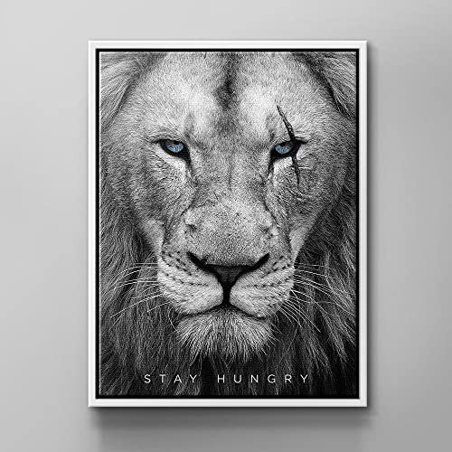 DOTCOMCANVAS® Wandbild motivation erfolg tier löwe leo simba puma gesicht augen grau schwarz blau HUNGRY FACE Größe 100 X 75 CM, Farbe Weiß Cover
