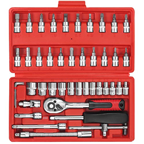 GETLITOOL 46 Piece Ratchet Set, 1/4 Inch Socket Set, Cr-V Steel Metic Ratchet Wrench Set with 21 Screwdriver Bit & Storage CAE for Home DIY, Car Repairing, Machine Maintenance