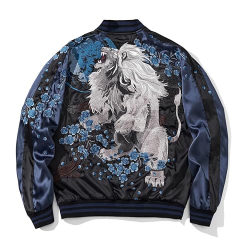 Lion Embroidery Men Bomber Jacket Reversible Satin Streetwear Retro Zip Up Windbreaker for Spring Autumn