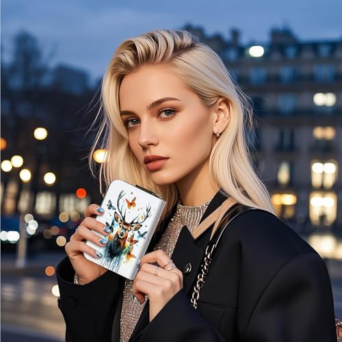 Small Credit Card Case Wallet for Women, RFID Blocking Mini Slim Leather Card Holder Wallet, Pocket Business Card Case with Zipper Card Holder, Watercolor Deer Moth2