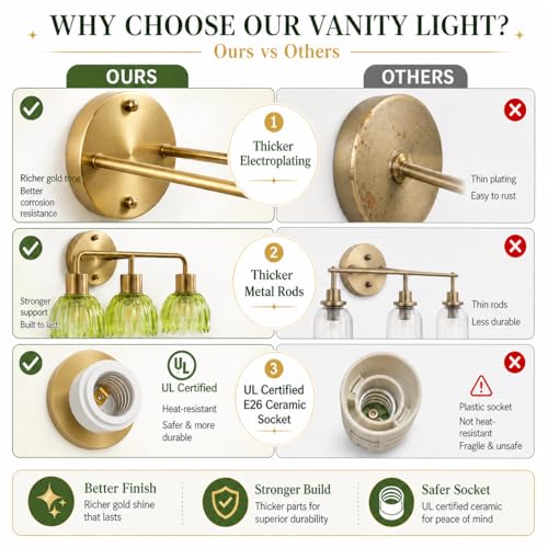 Image of 4-Light Gold Brass Bathroom Light Fixture,Wall Sconces,Brushed Gold Vanlity Light Over Mirror,Bathroom Vanity Light with Green Glass Flower Shade,E26 Socket(Bulbs Not Included)